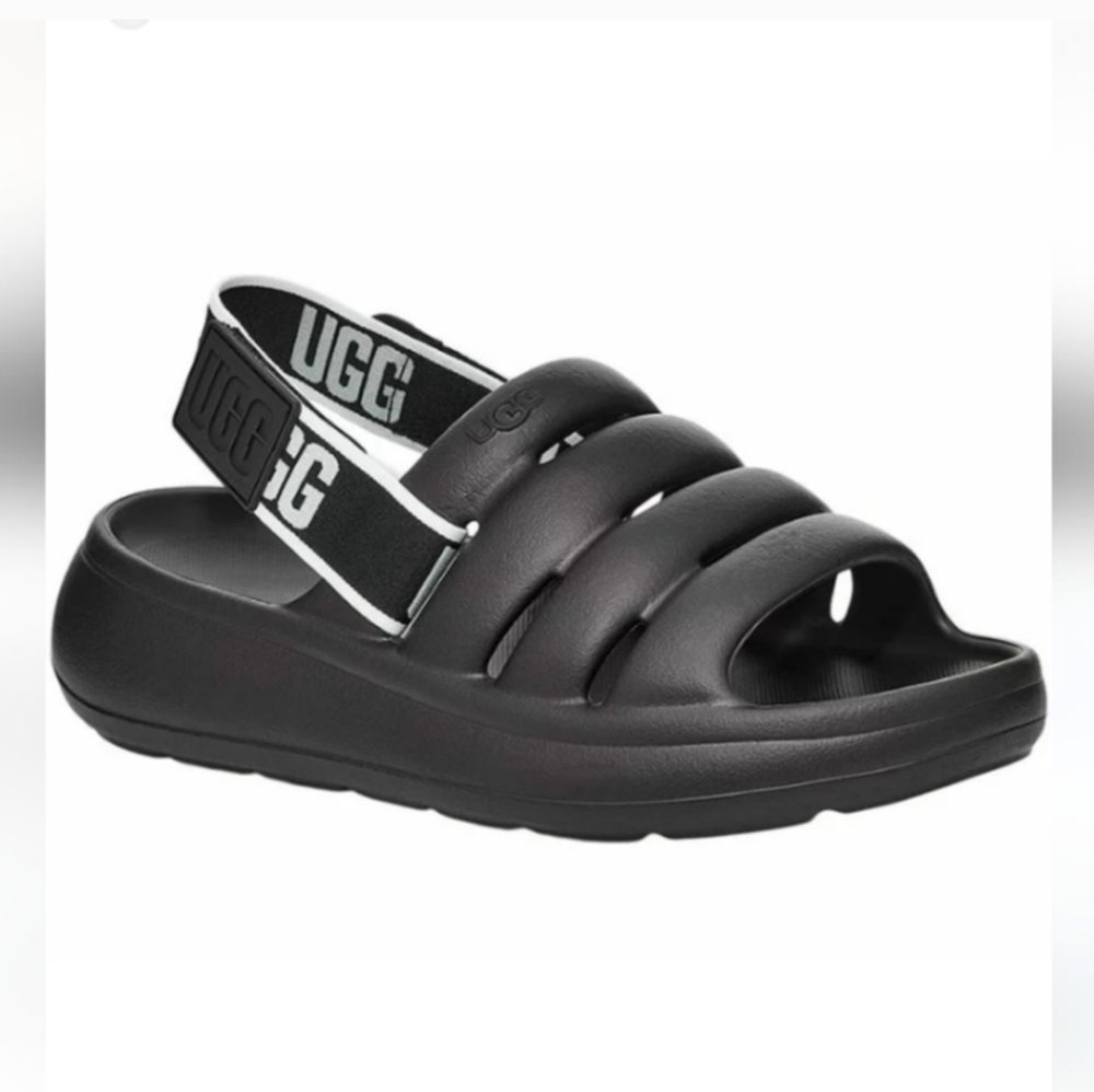 UGG Sport Yeah Sandals 9 Black Slides logo Print Backstrap - Picture 9 of 11